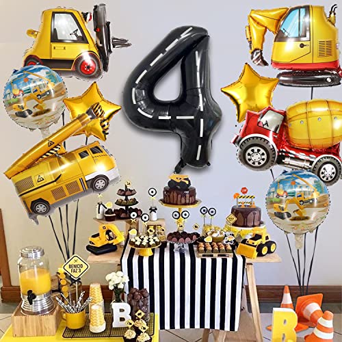 Construction Truck Balloon Set for 4th Birthday Party - 9 Foil Balloons with Excavator, Forklift, Crane, and More