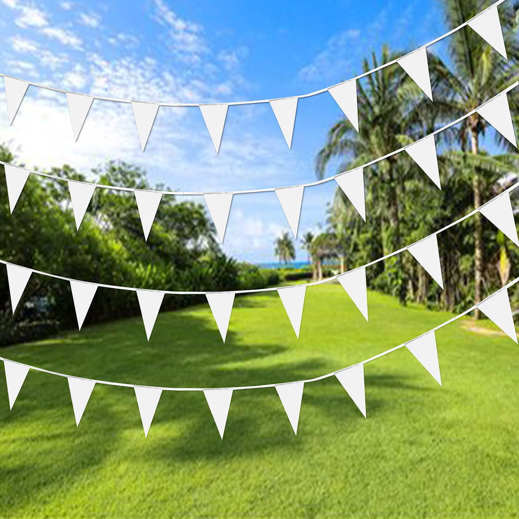 Consummate 100 Ft White Triangle Pennant Banner Set - 60 Flags on 2 Ropes for DIY Party Decor