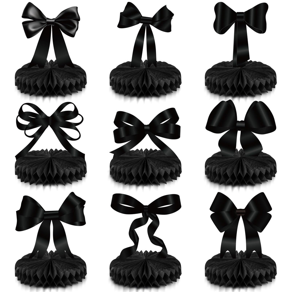 Containlol 9-Piece Black Bow Party Decorations with Honeycomb Centerpieces for Birthday, Bachelorette, Bridal Shower