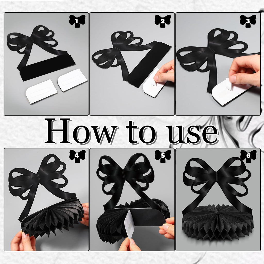 Containlol 9-Piece Black Bow Party Decorations with Honeycomb Centerpieces for Birthday, Bachelorette, Bridal Shower