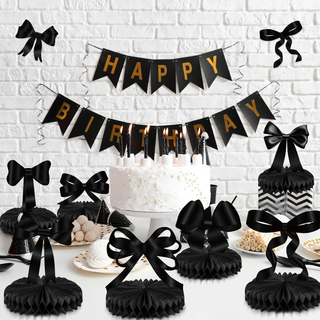 Containlol 9-Piece Black Bow Party Decorations with Honeycomb Centerpieces for Birthday, Bachelorette, Bridal Shower