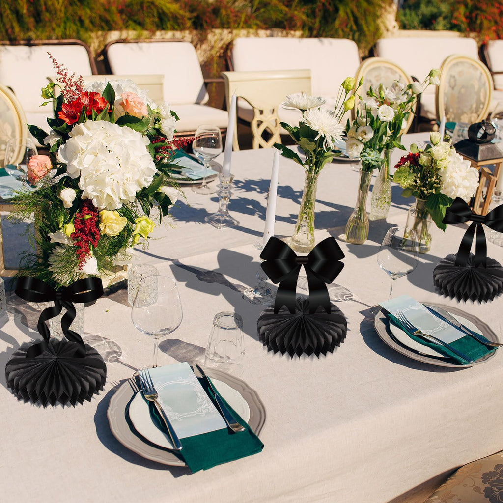 Containlol 9-Piece Black Bow Party Decorations with Honeycomb Centerpieces for Birthday, Bachelorette, Bridal Shower