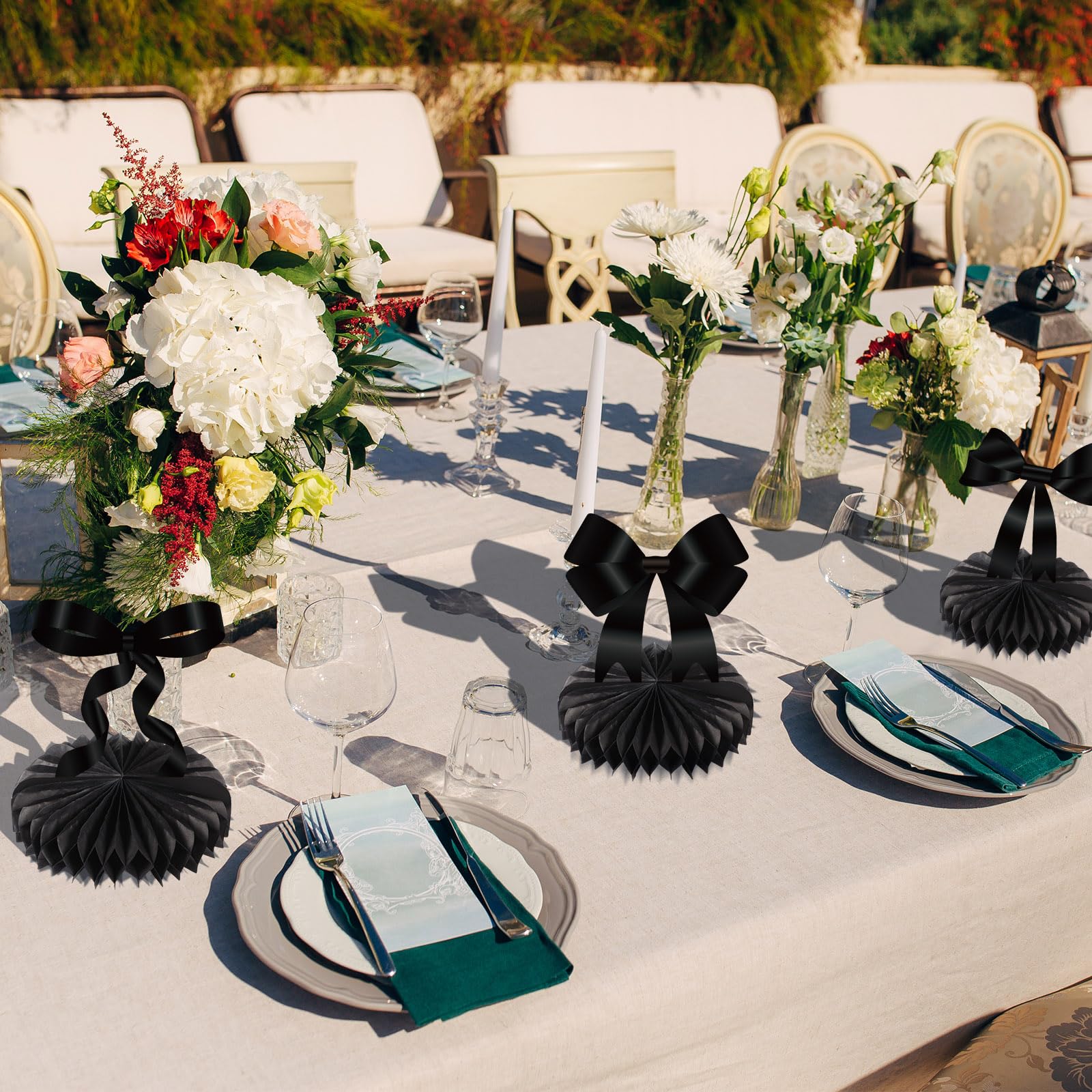 Containlol 9-Piece Black Bow Party Decorations with Honeycomb Centerpieces for Birthday, Bachelorette, Bridal Shower