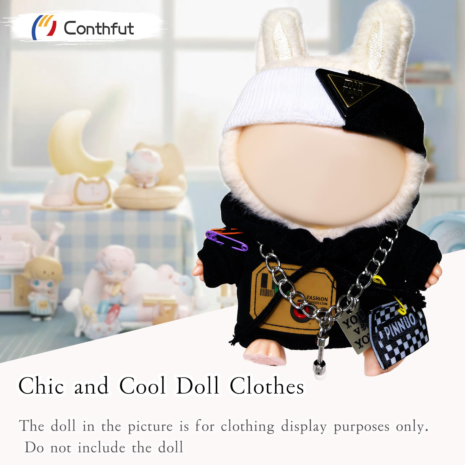 Conthfut Black Hoodie Doll Clothes Set for 15cm (5.91") and 17cm (6.69") Dolls, 3-Piece Outfit with Soft Elastic Fabric