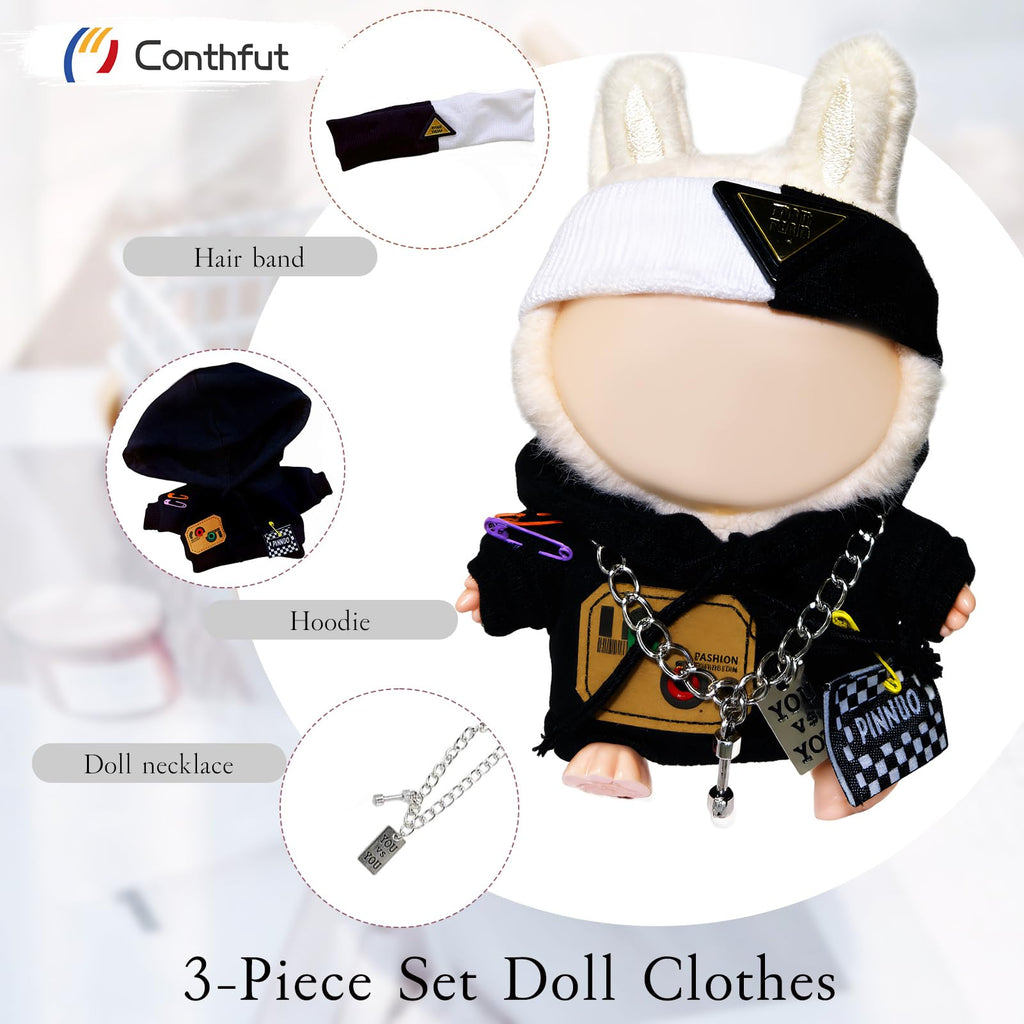 Conthfut Black Hoodie Doll Clothes Set for 15cm (5.91") and 17cm (6.69") Dolls, 3-Piece Outfit with Soft Elastic Fabric