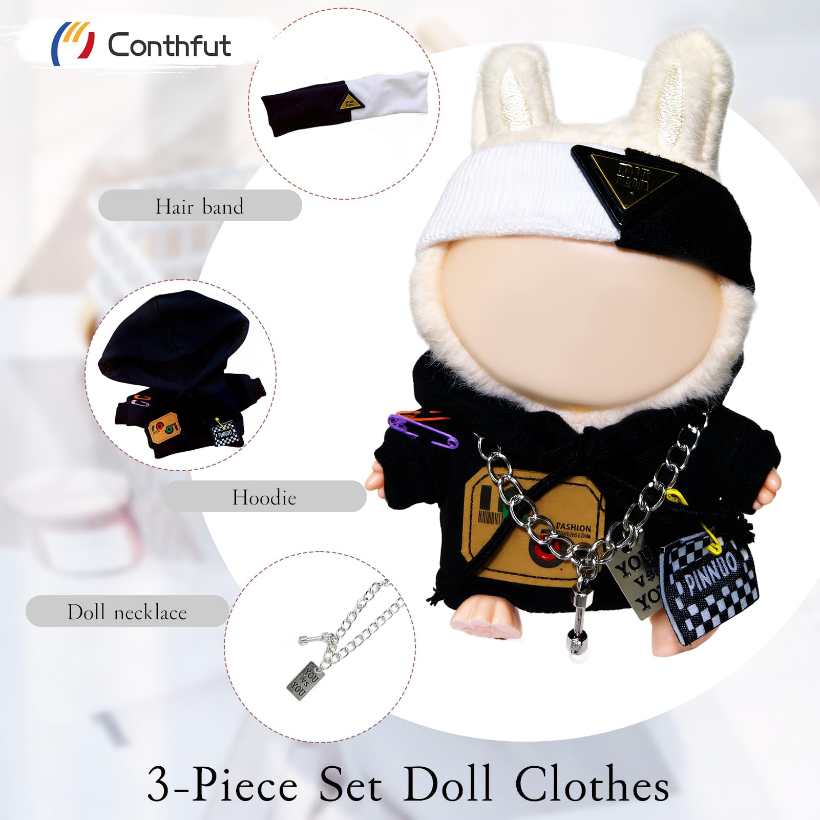 Conthfut Black Hoodie Doll Clothes Set for 15cm (5.91") and 17cm (6.69") Dolls, 3-Piece Outfit with Soft Elastic Fabric