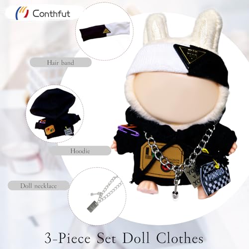 Conthfut Black Hoodie Doll Clothes Set for 15cm (5.91") and 17cm (6.69") Dolls, 3-Piece Outfit with Soft Elastic Fabric