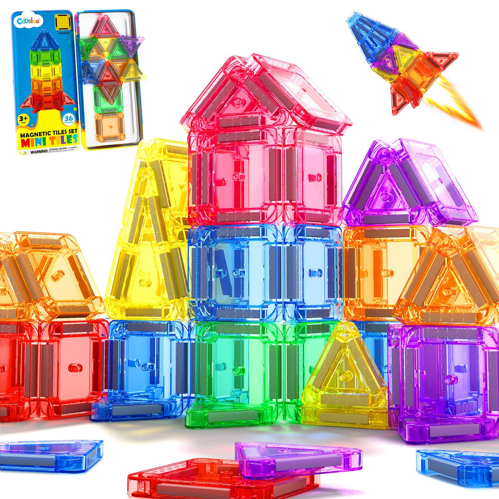Coodoo 36-Piece Magnetic Tiles Travel Set – Mini STEM Building Blocks for On-the-Go Fun