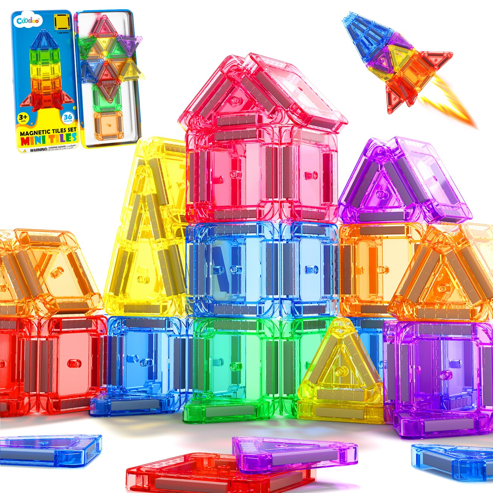 Coodoo 36-Piece Magnetic Tiles Travel Set – Mini STEM Building Blocks for On-the-Go Fun