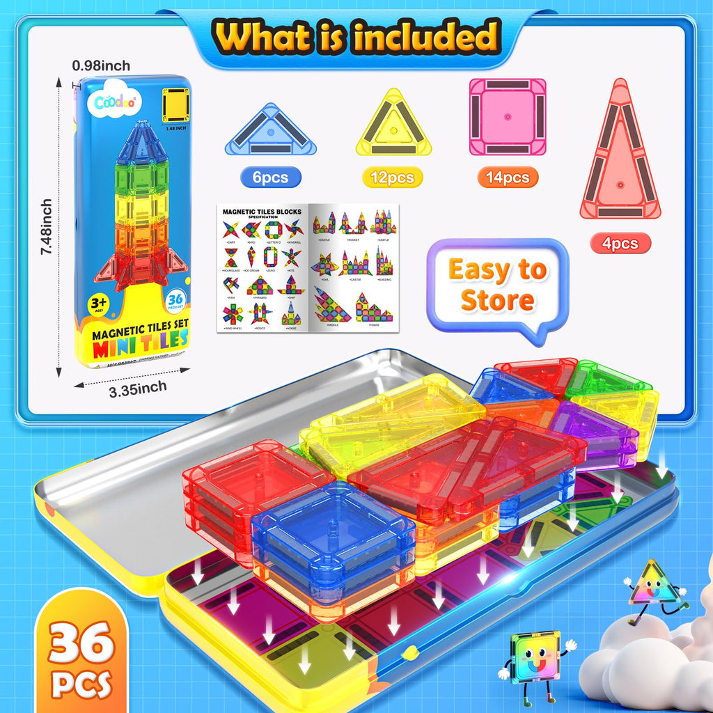 Coodoo 36-Piece Magnetic Tiles Travel Set – Mini STEM Building Blocks for On-the-Go Fun