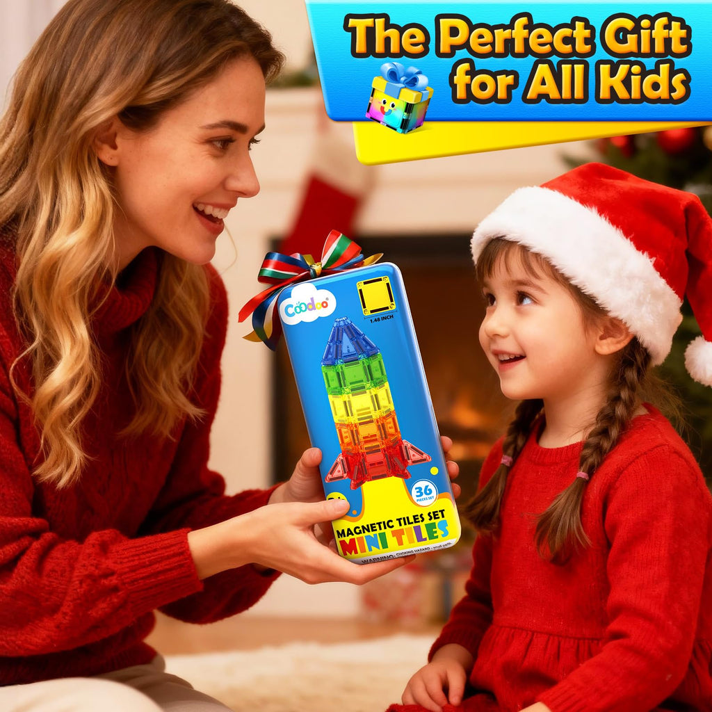 Coodoo 36-Piece Magnetic Tiles Travel Set – Mini STEM Building Blocks for On-the-Go Fun
