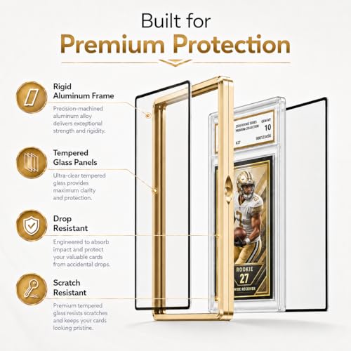 Coolbyl Aluminum Graded Card Slab Protector - Magnetic Closure, UV-Tempered Glass, Gold Finish