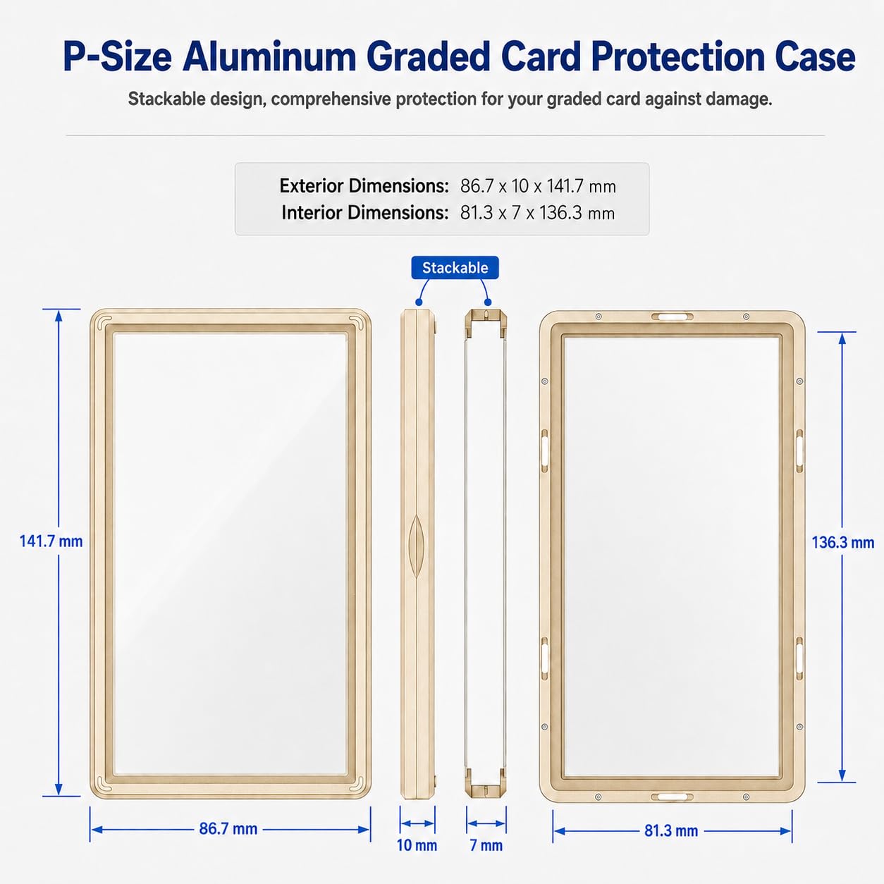 Coolbyl Aluminum Graded Card Slab Protector - Magnetic Closure, UV-Tempered Glass, Gold Finish