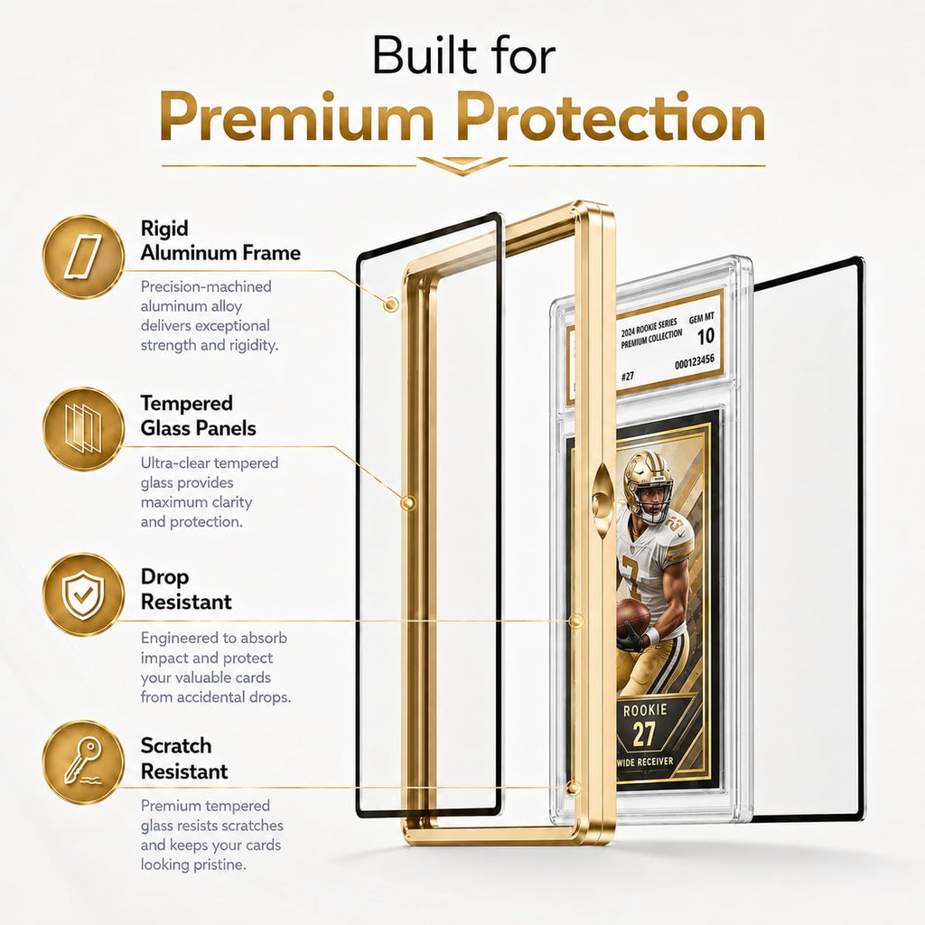 Coolbyl Aluminum Graded Card Slab Protector - Magnetic Closure, UV-Tempered Glass, Gold Finish