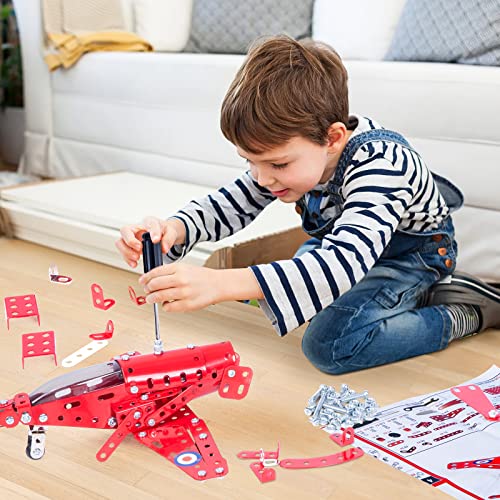 Coskehan 201-Piece Metal Airplane Building Kit for Kids Ages 8+ – STEM Model Plane Toy, Red, 7x9x3 inch
