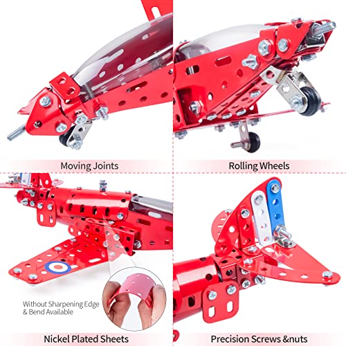 Coskehan 201-Piece Metal Airplane Building Kit for Kids Ages 8+ – STEM Model Plane Toy, Red, 7x9x3 inch
