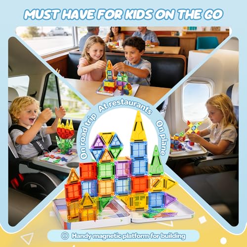 cossy Mini Magnetic Tiles 46-Piece Set with Iron Box – Travel-Friendly Building Blocks for Kids Ages 4-8