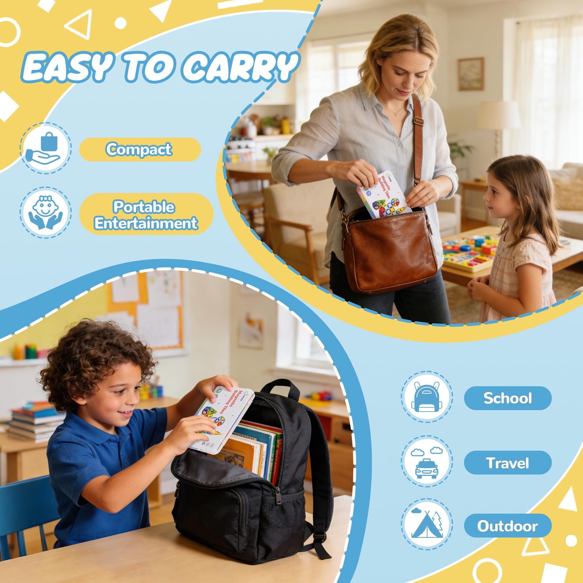 cossy Mini Magnetic Tiles 46-Piece Set with Iron Box – Travel-Friendly Building Blocks for Kids Ages 4-8
