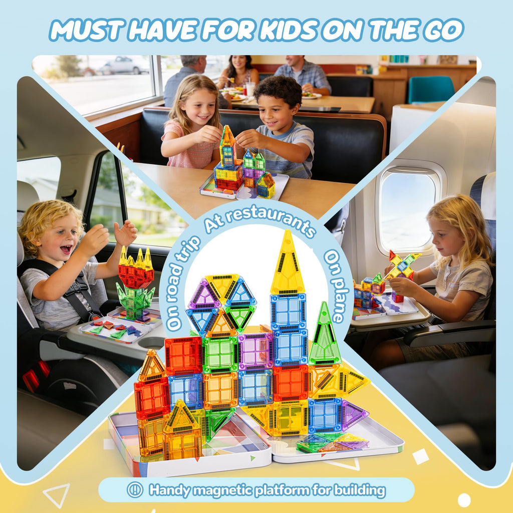 cossy Mini Magnetic Tiles 46-Piece Set with Iron Box – Travel-Friendly Building Blocks for Kids Ages 4-8