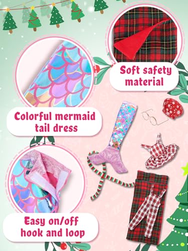 Cosweet Christmas Elf Doll Clothes Set - 8-Piece Outfit with Mermaid Skirt, Sleeping Bag, Chef Hat, Apron, Overalls, Dress, Glasses, Scarf
