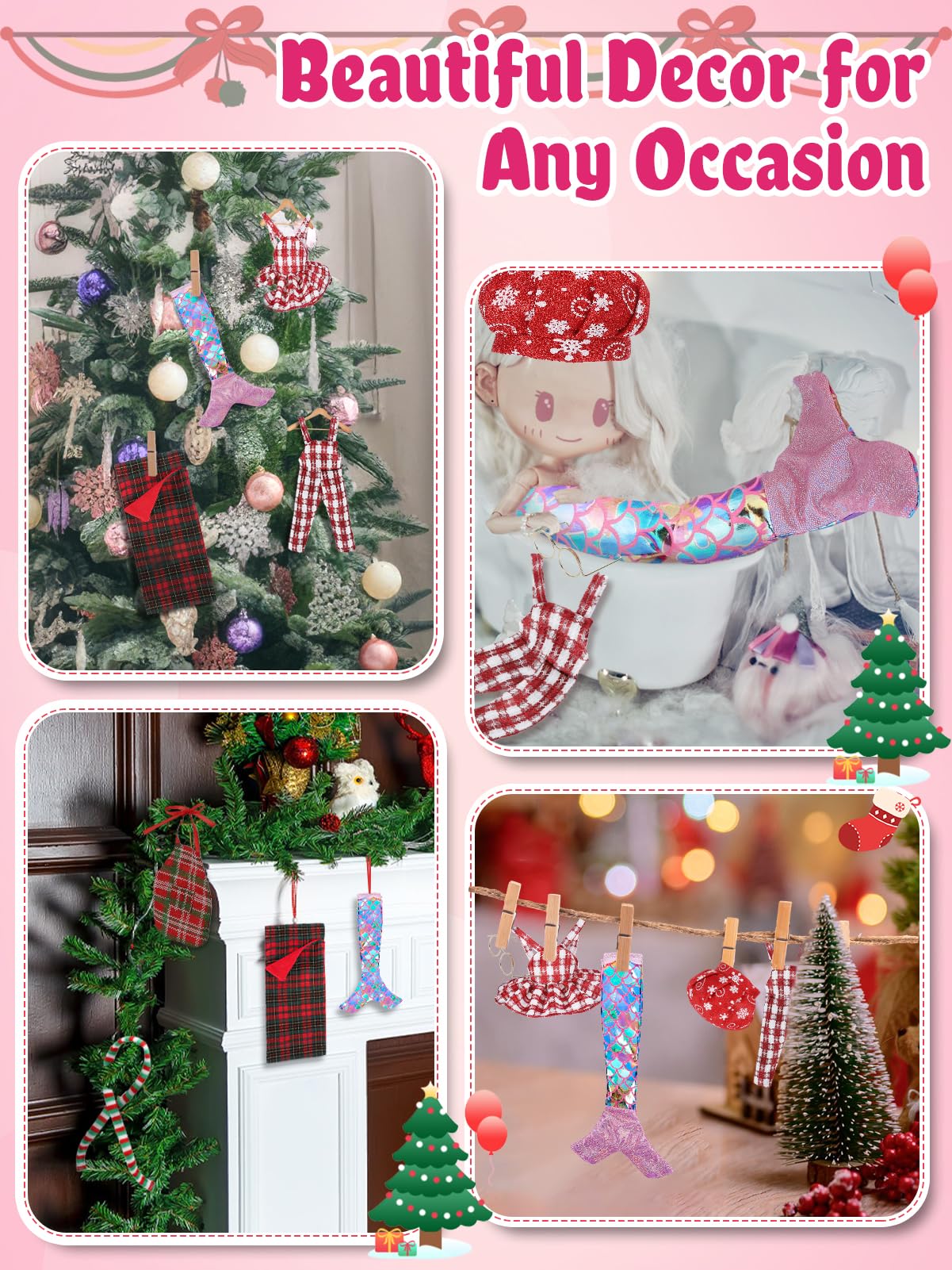 Cosweet Christmas Elf Doll Clothes Set - 8-Piece Outfit with Mermaid Skirt, Sleeping Bag, Chef Hat, Apron, Overalls, Dress, Glasses, Scarf