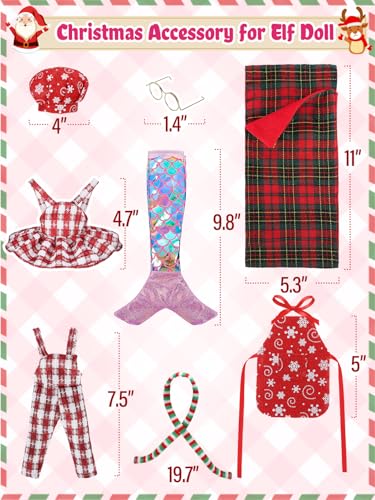 Cosweet Christmas Elf Doll Clothes Set - 8-Piece Outfit with Mermaid Skirt, Sleeping Bag, Chef Hat, Apron, Overalls, Dress, Glasses, Scarf