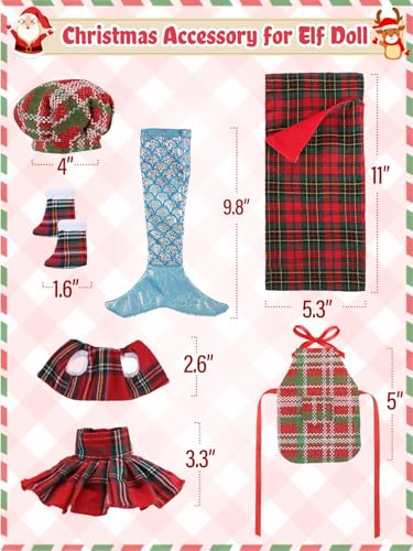 Cosweet Elf Doll Mermaid Chef Outfit Set - Includes Sleeping Bag, Apron, Skirt, Top, Shoes, Blue Mermaid Skirt - Christmas Decor Gift (Doll Not Included)