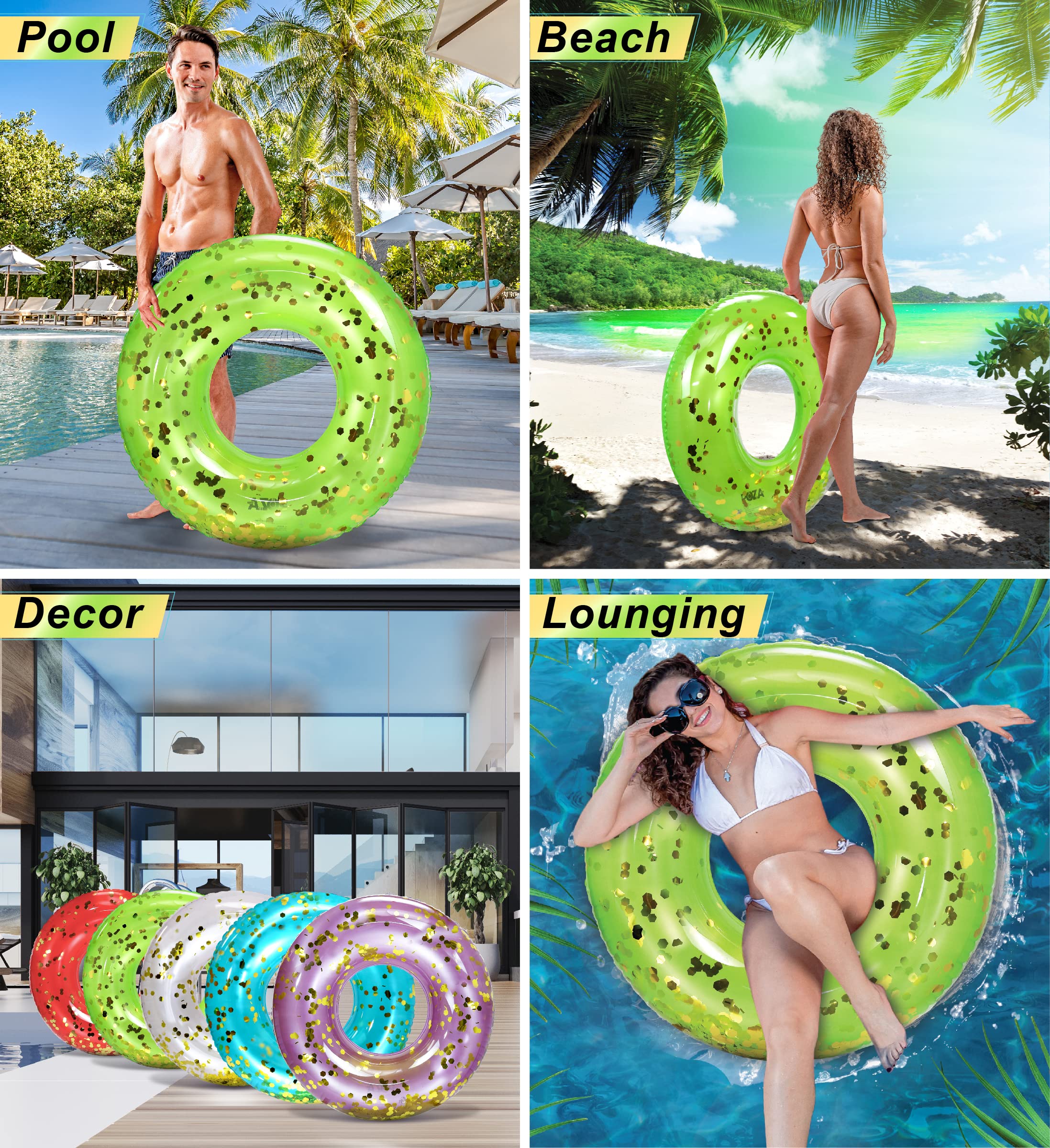 CoTa Global Green Inflatable Pool Ring with Gold Confetti – 36-Inch Heavy Duty PVC Swim Tube for Kids and Adults