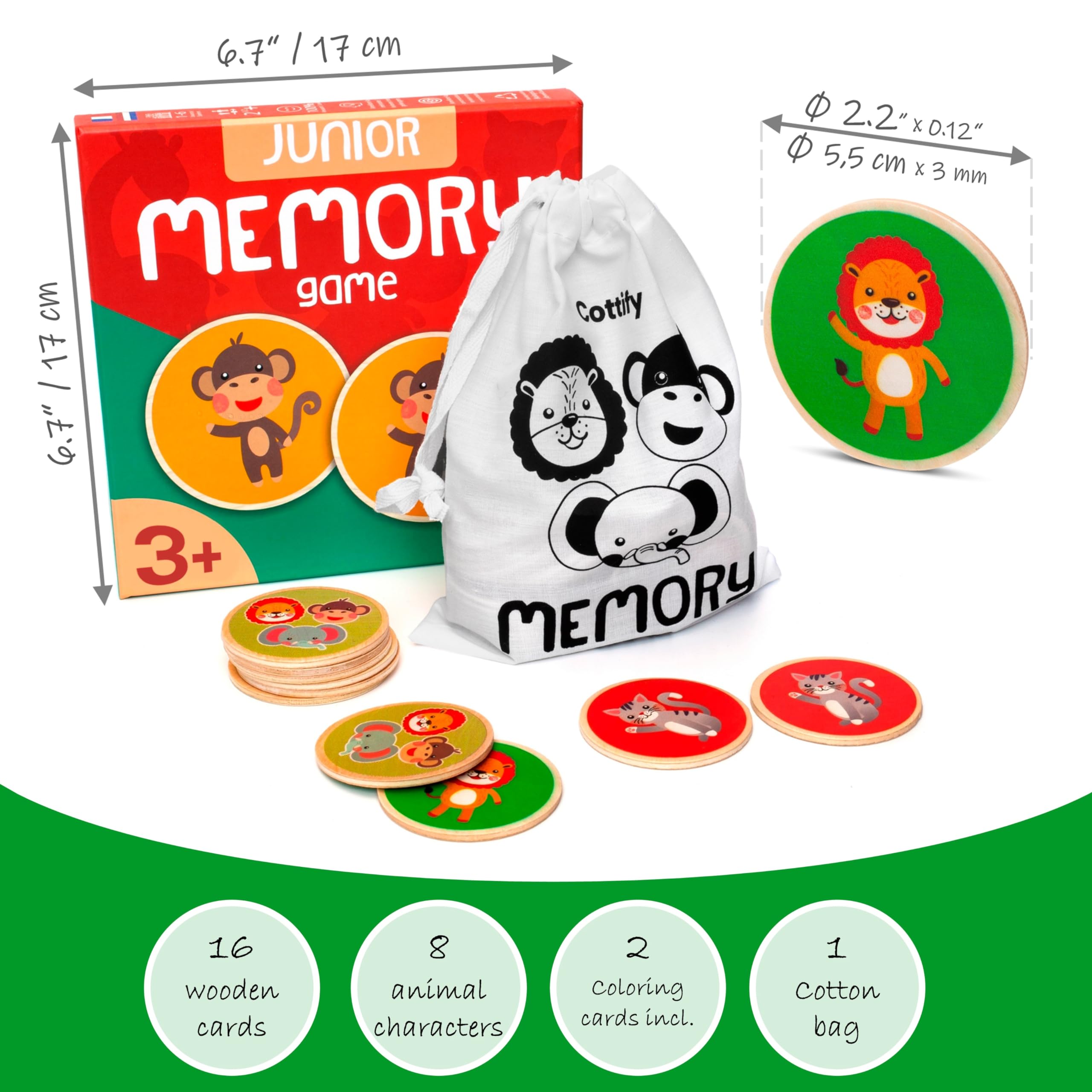 Cottify Wooden Memory Matching Game for Toddlers 2-4 Years - 16 Durable Basswood Cards with Carry Bag