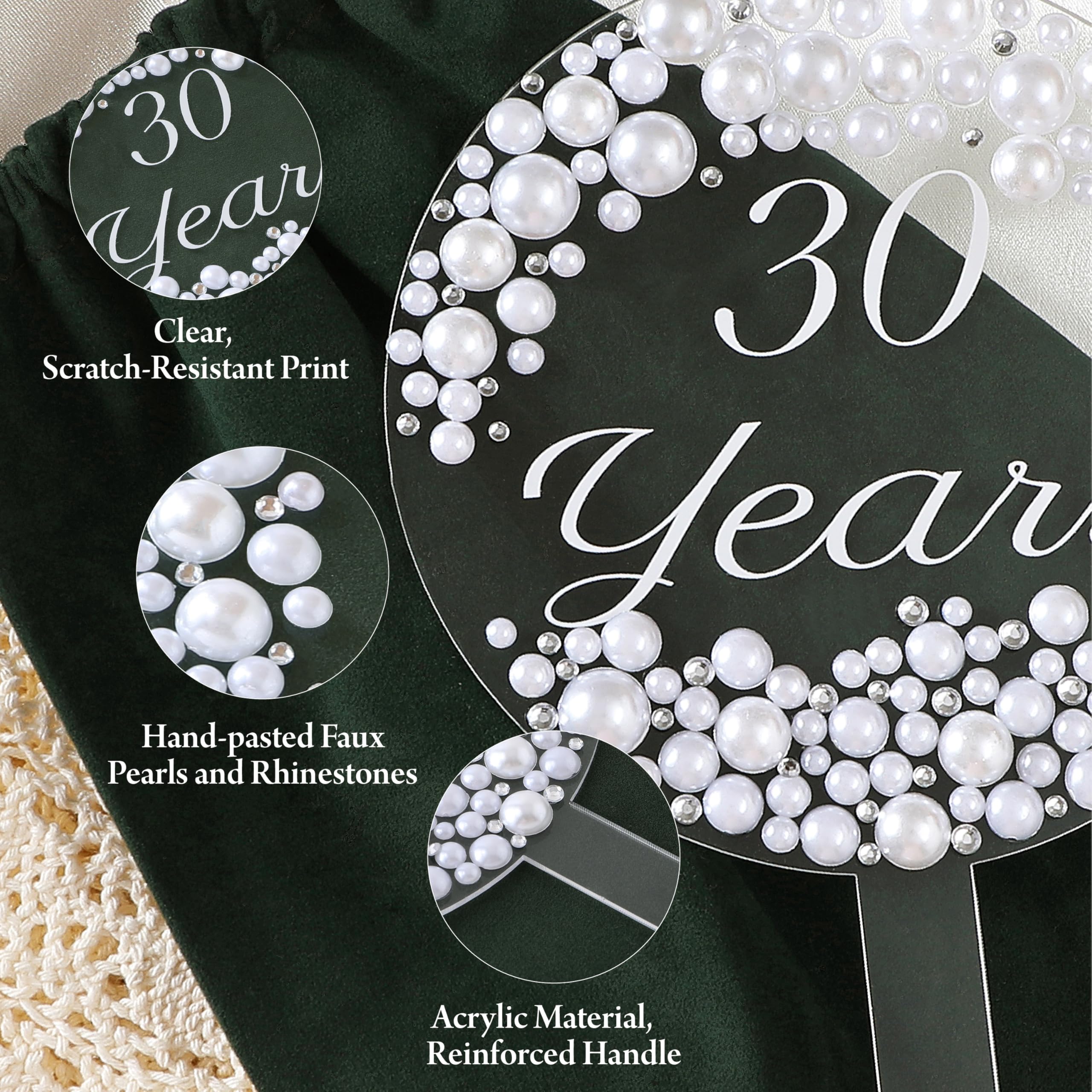 Coucoland 30 Years Cake Topper – Acrylic with Pearls and Rhinestones for Anniversary or Birthday