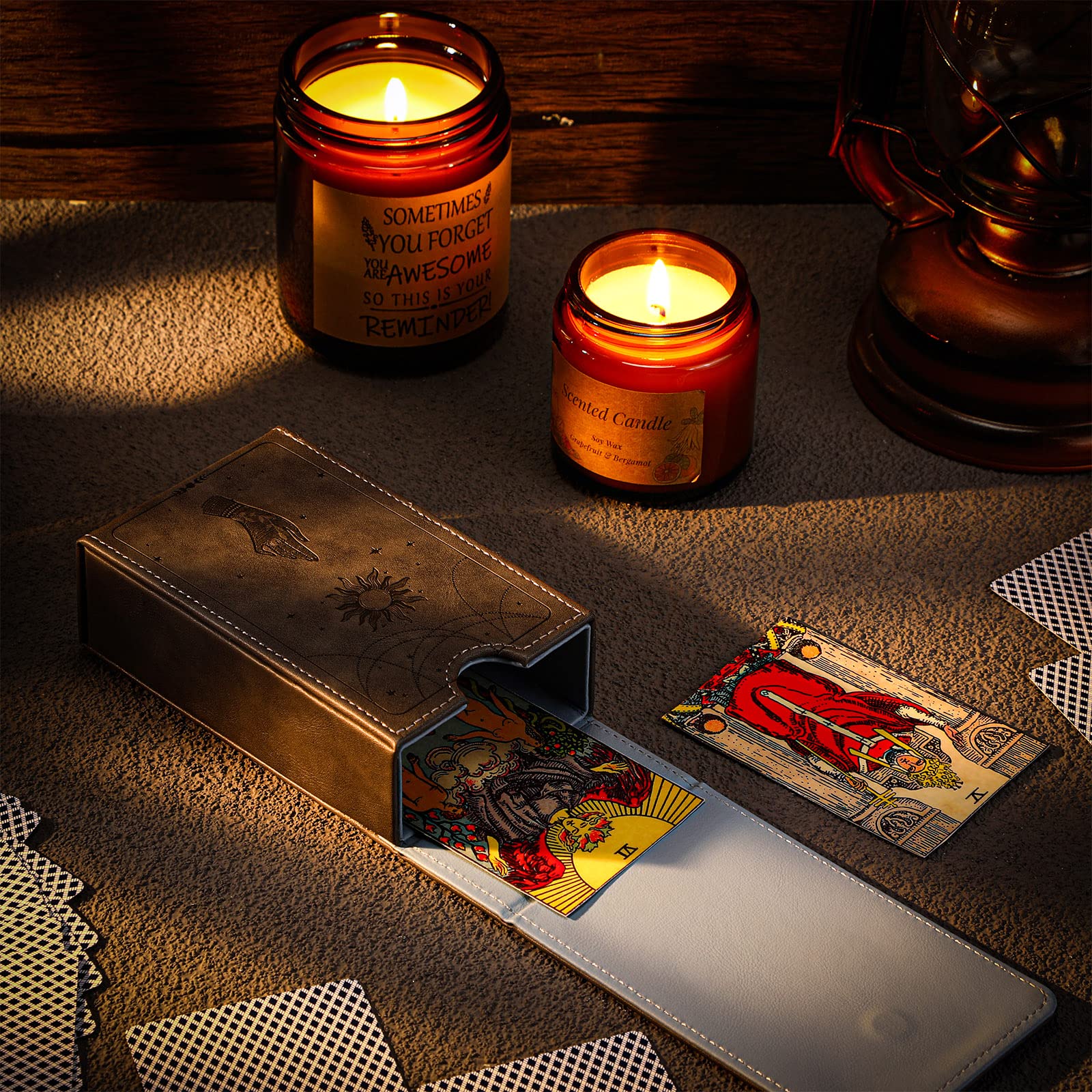 Coume PU Leather Tarot Card Case – Boho Sun & Hand Design, Fits Standard Decks, Magnetic Closure