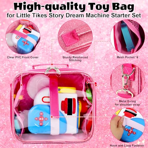 Covkev Carrying Case for Little Tikes Story Dream Machine – Pink Glitter Star Storage Bag, Waterproof PVC, 12 Elastic Straps, Portable (Case Only)