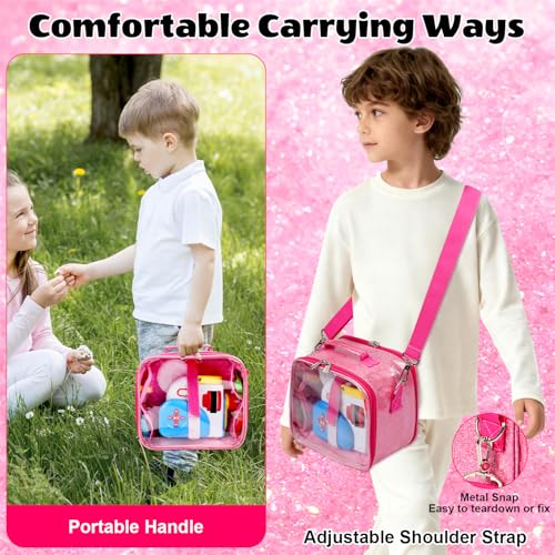 Covkev Carrying Case for Little Tikes Story Dream Machine – Pink Glitter Star Storage Bag, Waterproof PVC, 12 Elastic Straps, Portable (Case Only)