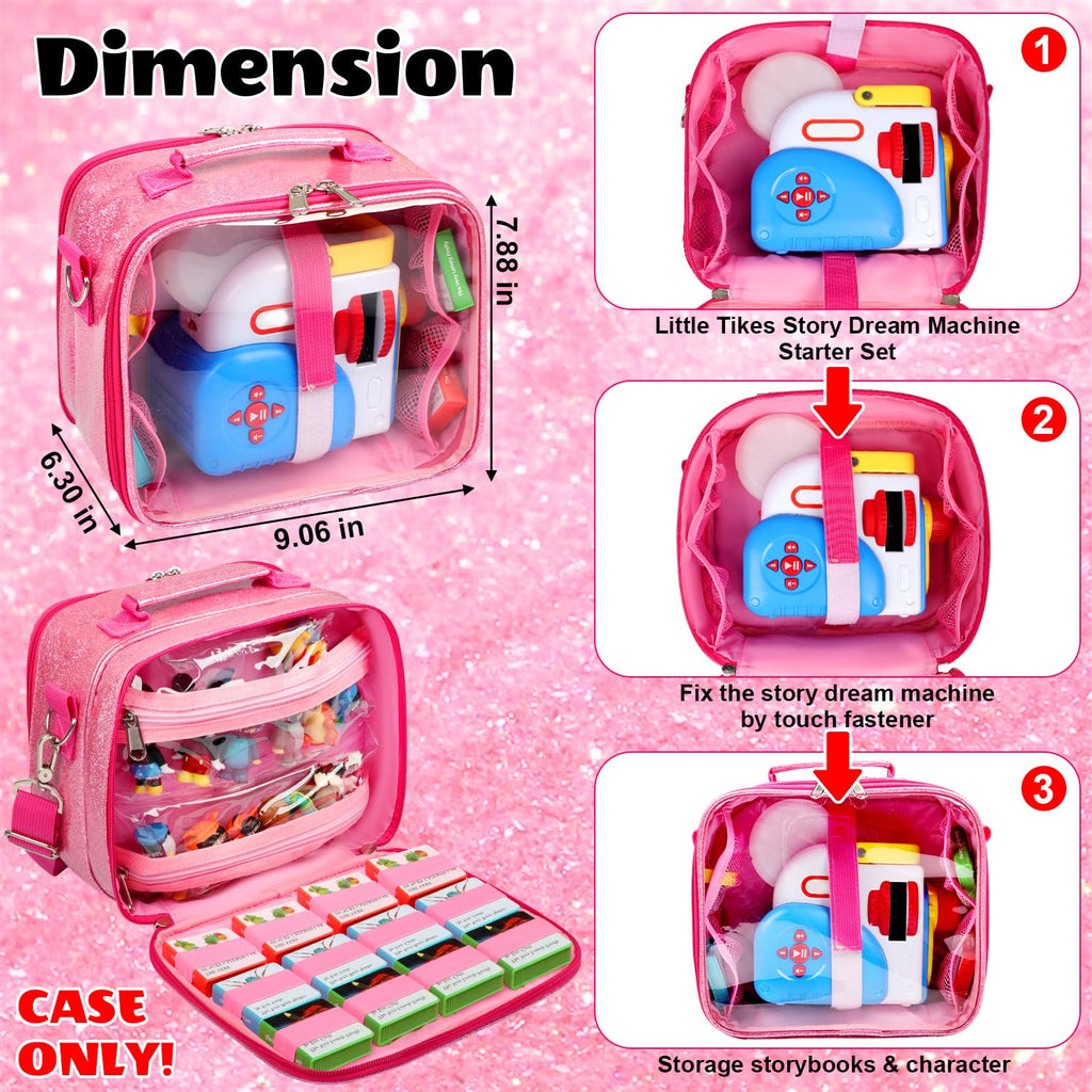 Covkev Carrying Case for Little Tikes Story Dream Machine – Pink Glitter Star Storage Bag, Waterproof PVC, 12 Elastic Straps, Portable (Case Only)