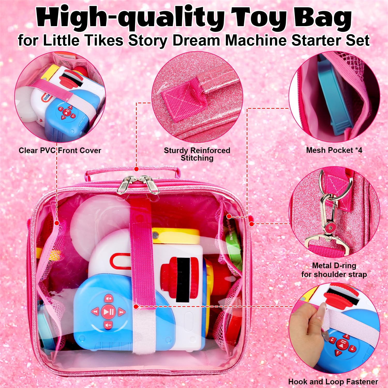 Covkev Carrying Case for Little Tikes Story Dream Machine – Pink Glitter Star Storage Bag, Waterproof PVC, 12 Elastic Straps, Portable (Case Only)