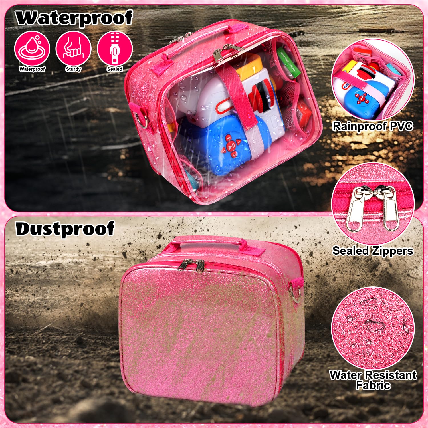 Covkev Carrying Case for Little Tikes Story Dream Machine – Pink Glitter Star Storage Bag, Waterproof PVC, 12 Elastic Straps, Portable (Case Only)