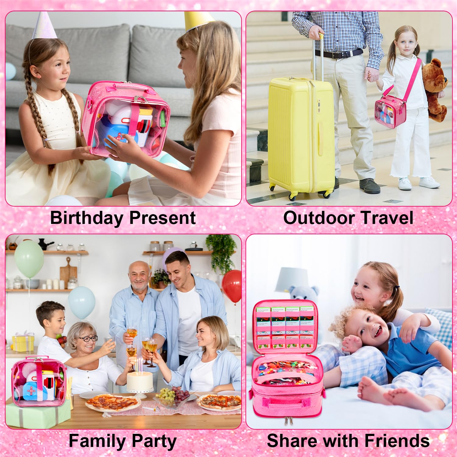Covkev Carrying Case for Little Tikes Story Dream Machine – Pink Glitter Star Storage Bag, Waterproof PVC, 12 Elastic Straps, Portable (Case Only)