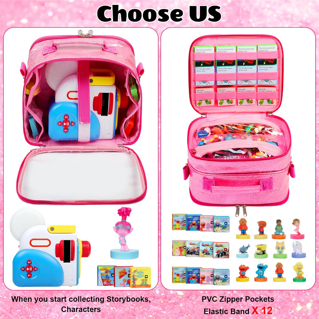 Covkev Carrying Case for Little Tikes Story Dream Machine – Pink Glitter Star Storage Bag, Waterproof PVC, 12 Elastic Straps, Portable (Case Only)