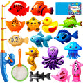 CozyBomB Magnetic Fishing Toys Game Set – 15 Ocean Animal Fish with Net and Pole for Water Table, Bathtub, Pool, Ages 3-6