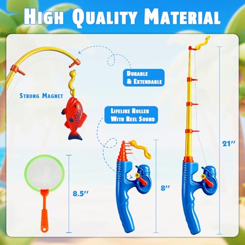 CozyBomB Magnetic Fishing Toys Game Set – 15 Ocean Animal Fish with Net and Pole for Water Table, Bathtub, Pool, Ages 3-6