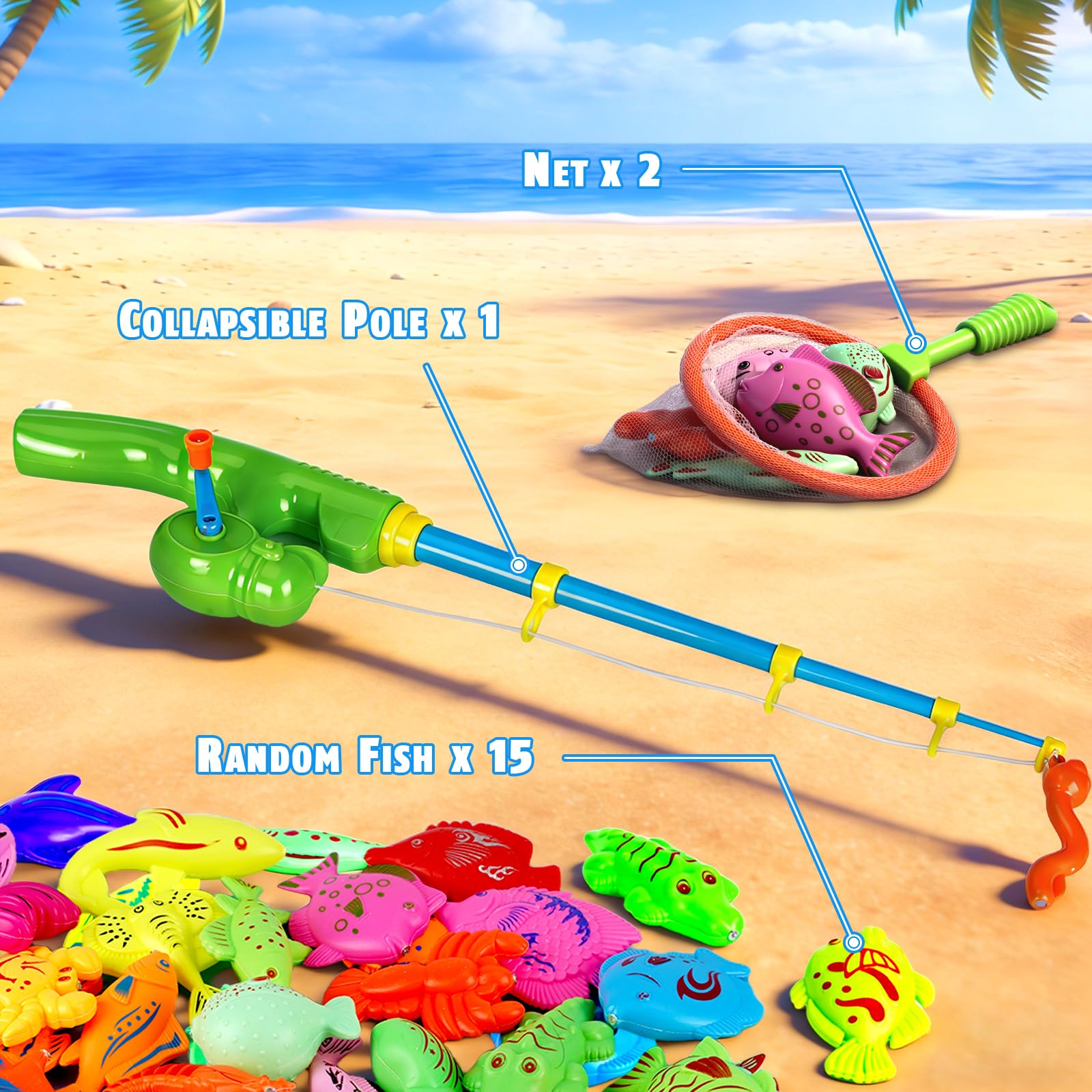 CozyBomB Magnetic Fishing Toys Game Set – 15 Ocean Animal Fish with Net and Pole for Water Table, Bathtub, Pool, Ages 3-6