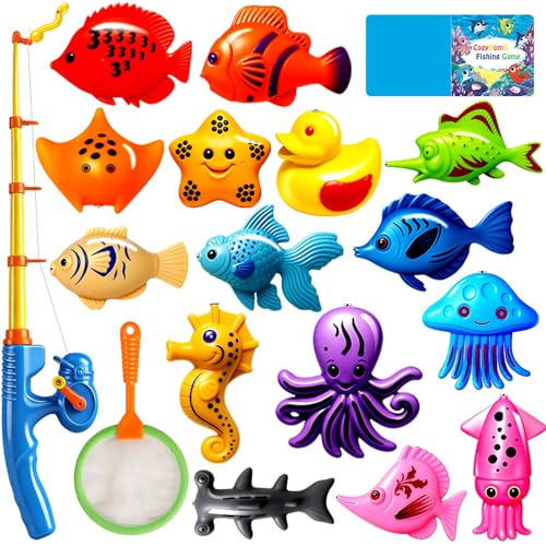 CozyBomB Magnetic Fishing Toys Game Set – 15 Ocean Animal Fish with Net and Pole for Water Table, Bathtub, Pool, Ages 3-6