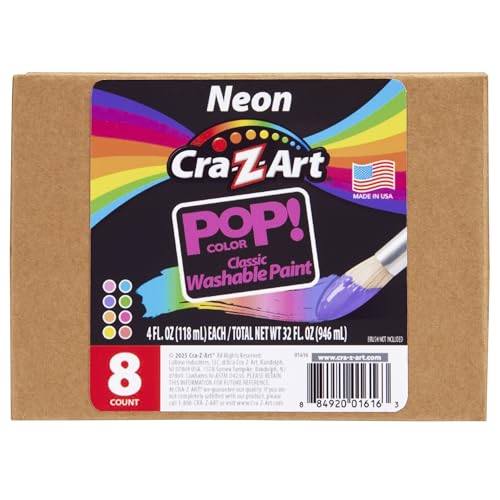 Cra-Z-Art Washable Neon Paint Set - 8 Bottles of 4oz Each, Fluorescent Colors, Non-Toxic, Made in USA