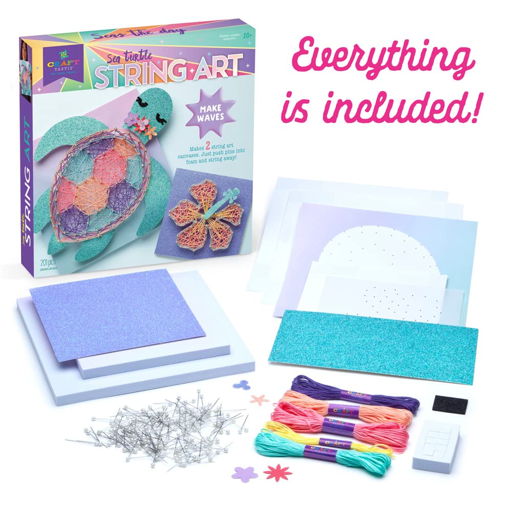 Craft-Tastic String Art Sea Turtle & Hibiscus Kit – 2 Foam Canvas Projects for Ages 10+