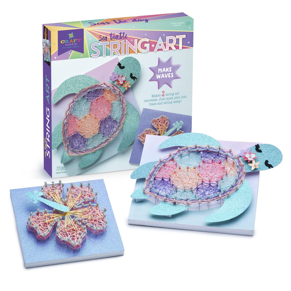 Craft-Tastic String Art Sea Turtle & Hibiscus Kit – 2 Foam Canvas Projects for Ages 10+
