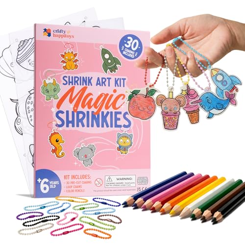 CRAFTY HAPPITOYS Shrink Art Sheets Kit – 30 Pre-Cut Charms with Keychains and Colored Pencils for Kids Ages 3+