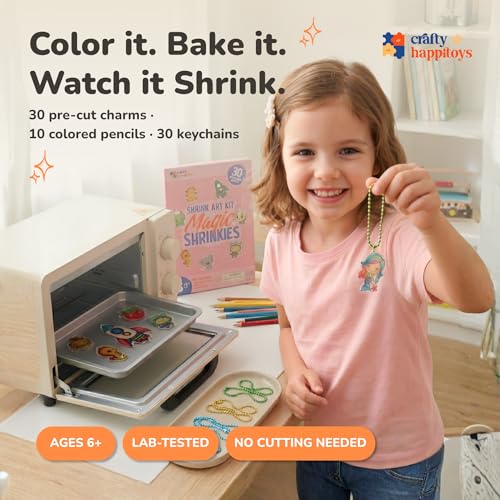 CRAFTY HAPPITOYS Shrink Art Sheets Kit – 30 Pre-Cut Charms with Keychains and Colored Pencils for Kids Ages 3+