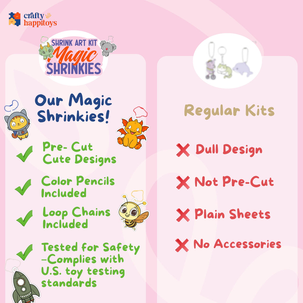 CRAFTY HAPPITOYS Shrink Art Sheets Kit – 30 Pre-Cut Charms with Keychains and Colored Pencils for Kids Ages 3+