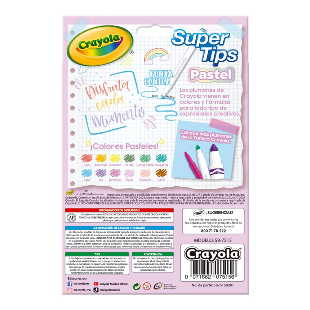 Crayola Bright Supertips Pastel Edition – 12 Washable Felt Tip Markers for Kids