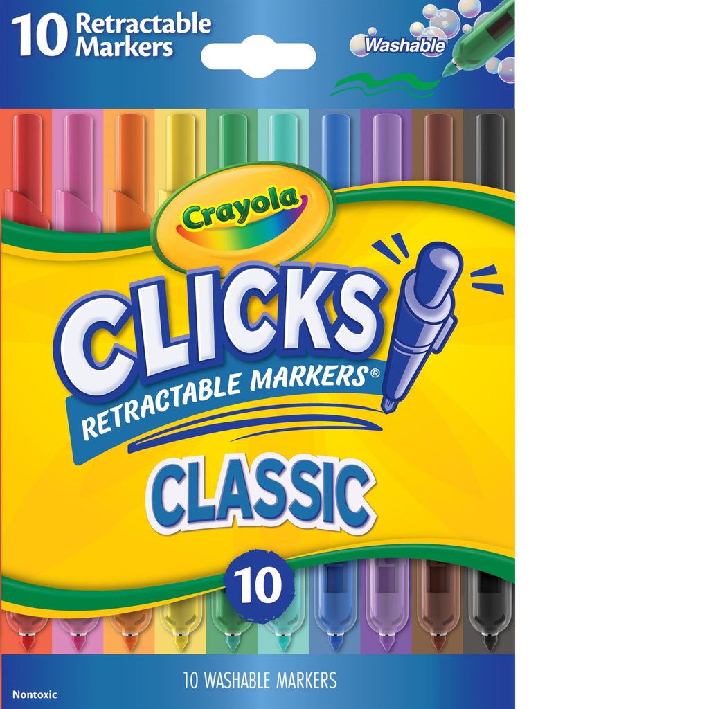Crayola Clicks Retractable Tip Markers (10ct) – Washable Cone Tip Markers for Kids